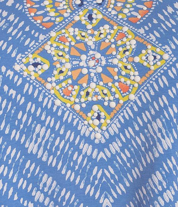 Ruby Rd. Plus Size Knit Embellished Medallion Placement Border Print Split V-Neck 3/4 Sleeve Top Product Image