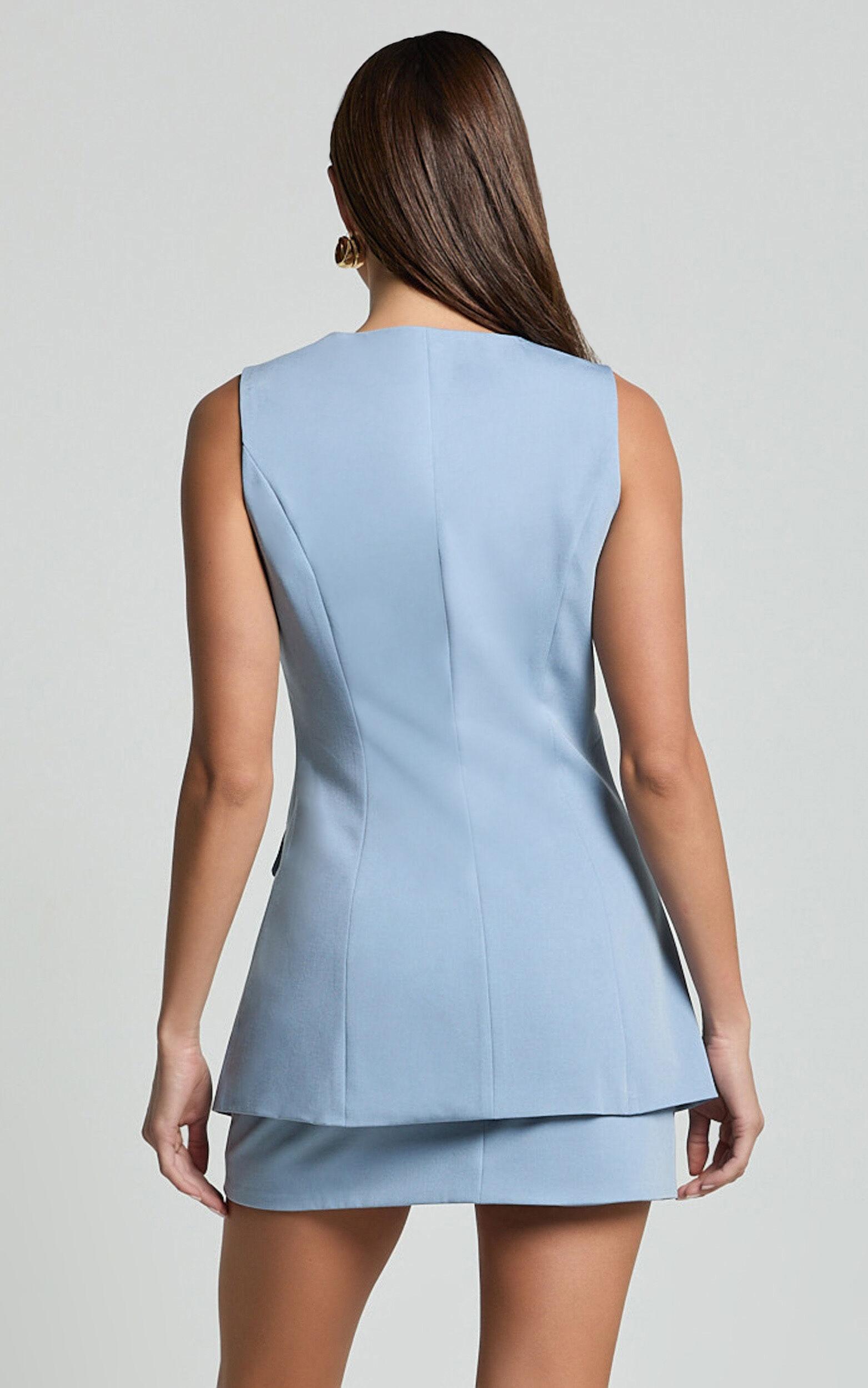 Phyllis Two Piece Set - Tailored Scoop Neck Vest Top and A Line Mini Skirt Set with Gold Buttons in Blue Product Image