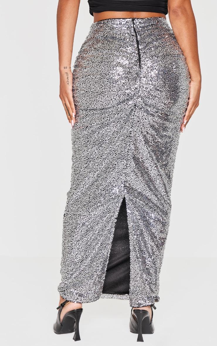 Shape Silver Sequin Ruched V Front Maxi Skirt Product Image