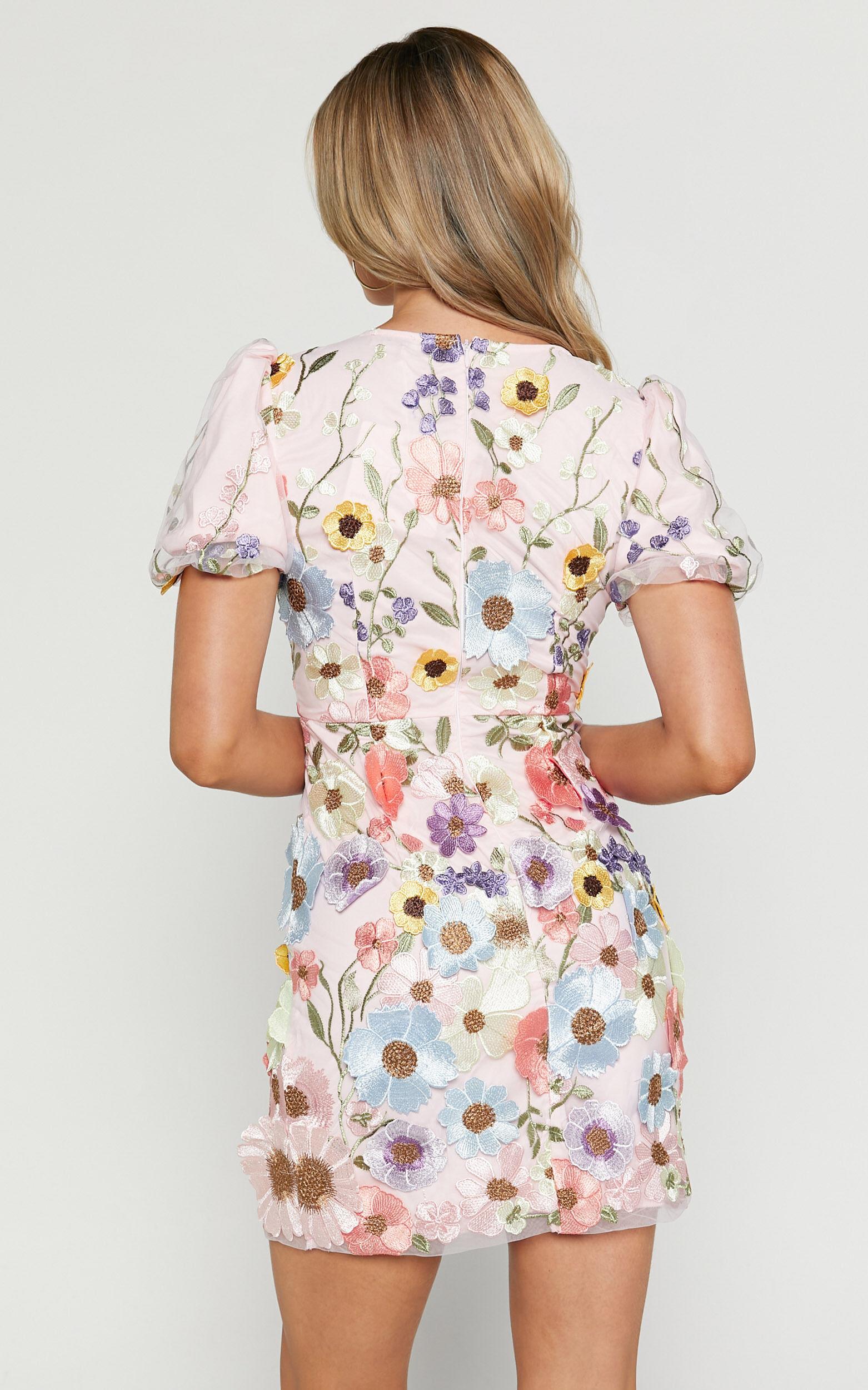 Wren Mini Dress - Puff Sleeve Bodycon 3d Garden Flowers Dress in Pink Product Image
