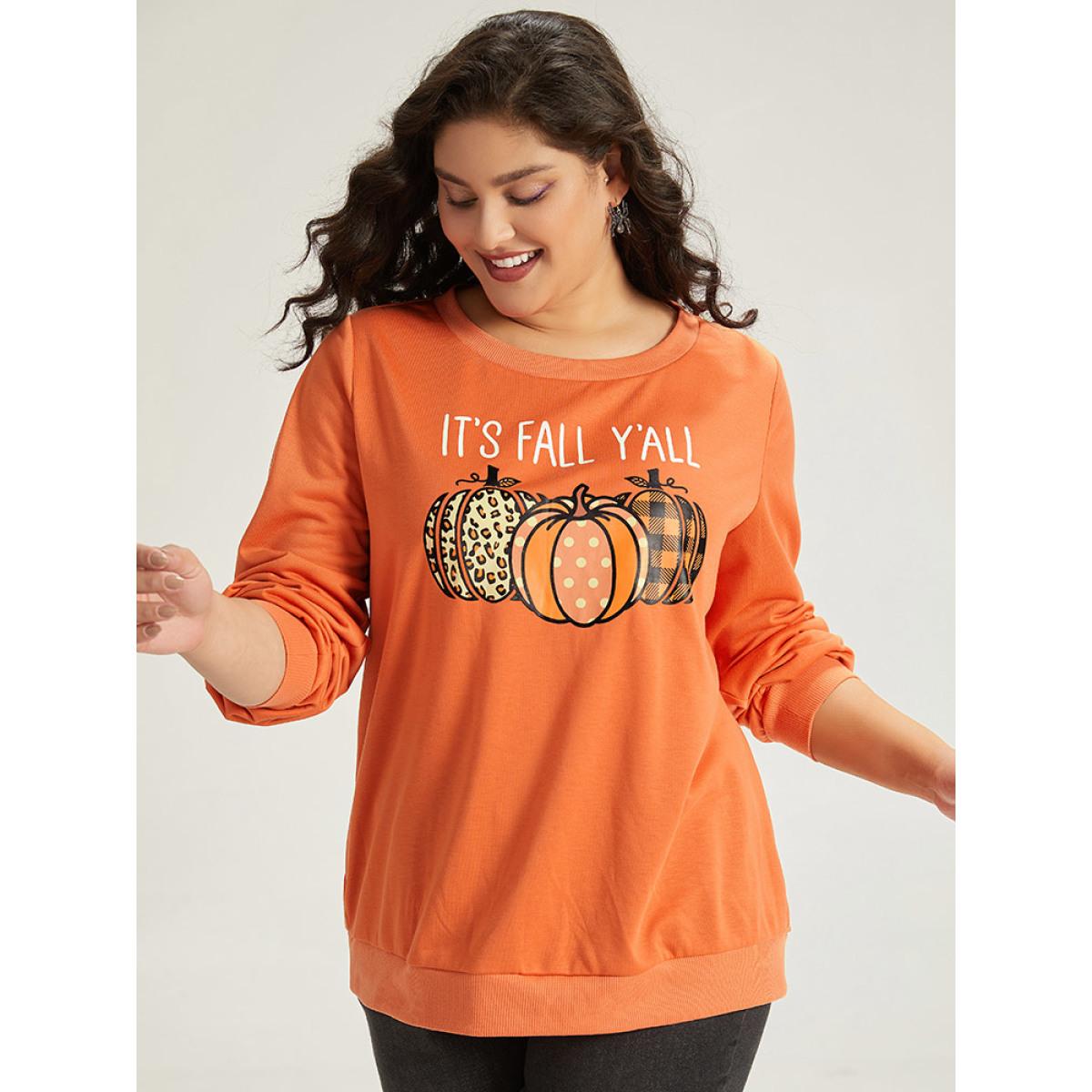 Plus Size Halloween Pumpkin Crew Neck Elastic Cuffs Sweatshirt Women Coral Casual Elastic cuffs Festival-Halloween Sweatshirts BloomChic 28/5X Product Image