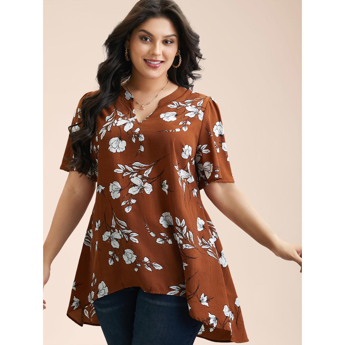 Plus Size Browncoffeecolor Floral Print Notched Collar Hi-Low Hem Blouse Women Elegant Half Sleeve Flat collar with V-notch Everyday Blouses BloomChic 14-16/1X Product Image