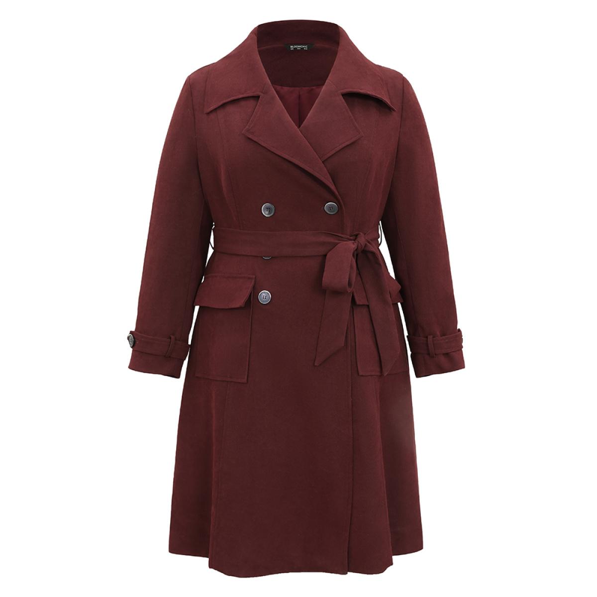 Plus Size Lapel Collar Solid Double Breasted Belted Coat Women Burgundy Work From Home Lined Ladies Work Winter Coats BloomChic 10/M Product Image