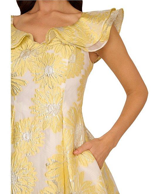 Adrianna Papell Jacquard Floral Print Boat Neck Cap Flutter Sleeve A-Line Midi Dress Product Image