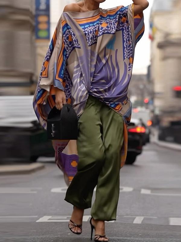 Batwing Sleeves Half Sleeves Contrast Color Printed One-shoulder Blouses&shirts Tops Product Image