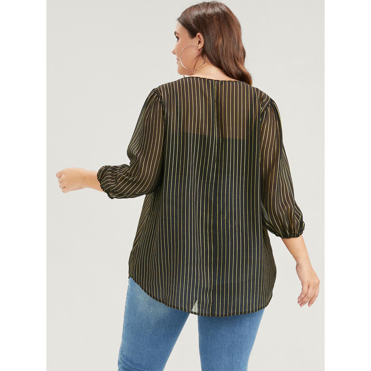 Plus Size Black Striped Mesh Lantern Sleeve V Neck Blouse Women Elegant Elbow-length sleeve V-neck Dailywear Blouses BloomChic 26/4X Product Image