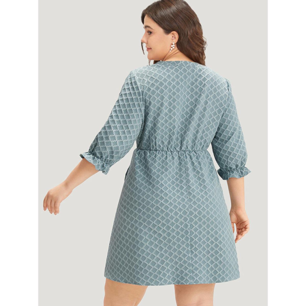 Plus Size Geo Plisse Pocket Lantern Sleeve Notched Dress Stone Women Office Elastic cuffs Notched collar Half Sleeve Curvy Knee Dress BloomChic 18-20/2X Product Image