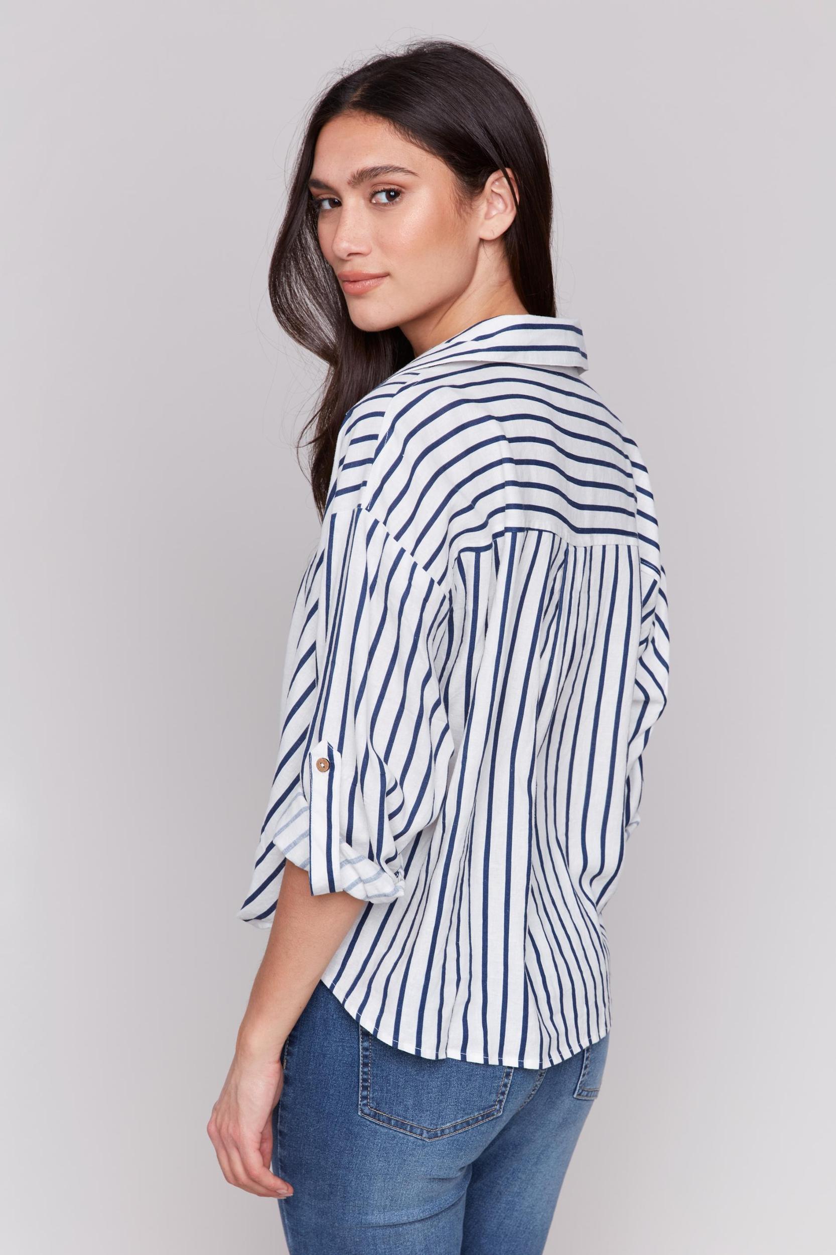 Striped Roll Up Sleeves Blouse with Front Twist Product Image