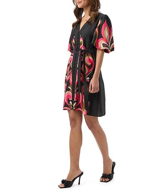 Trina Turk Certonia Border Print Satin Georgette V-Neck Short Sleeve Tie Waist Dress Product Image