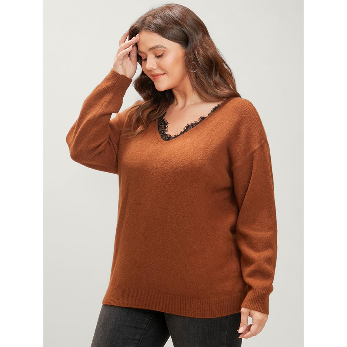Plus Size Solid Pointelle Knit Lace Trim V Neck Knit Top Bronze Women Elegant Loose Long Sleeve V-neck Dailywear Pullovers BloomChic 14-16/1X Product Image