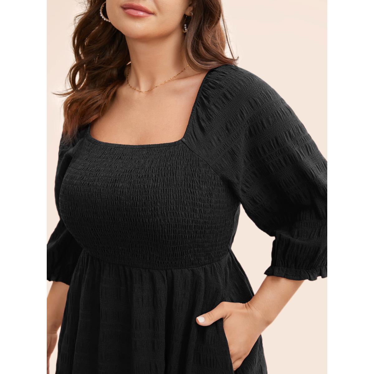 Plus Size Square Neck Broderie Anglaise Patchwork Shirred Dress Black Women Elegant Woven ribbon&lace trim Square Neck Elbow-length sleeve Curvy BloomChic 10/M Product Image