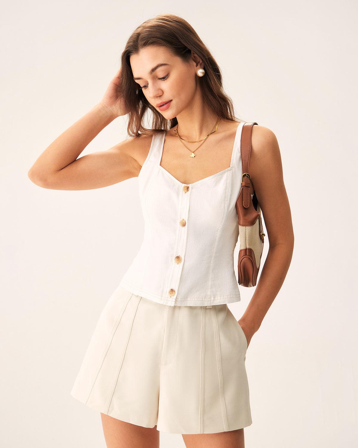White Cut Out Button Tank Top Product Image