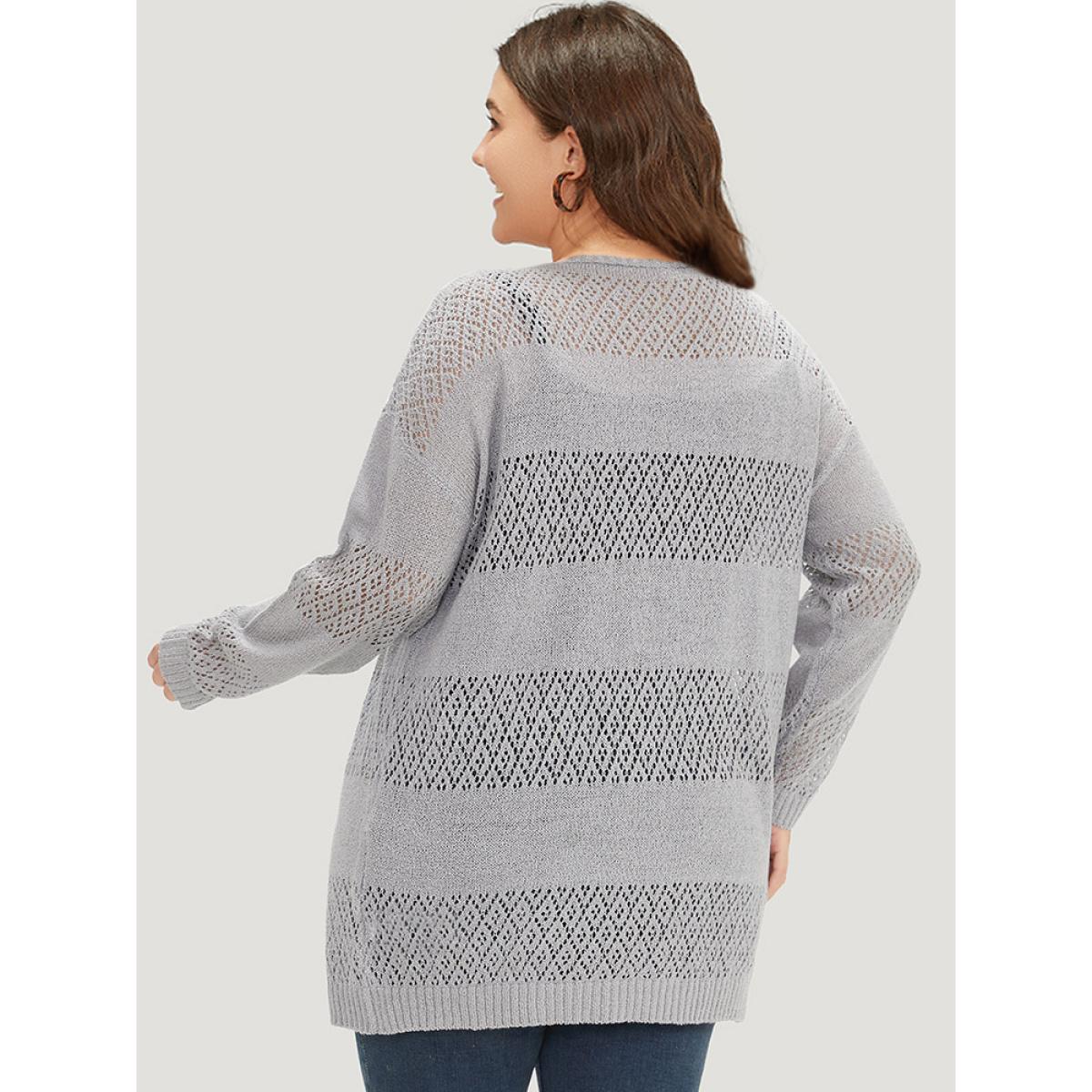 Plus Size Plain Geometric Eyelet Open Front Cardigan DarkGray Women Basics Loose Long Sleeve Everyday Cardigans BloomChic 18-20/2X Product Image