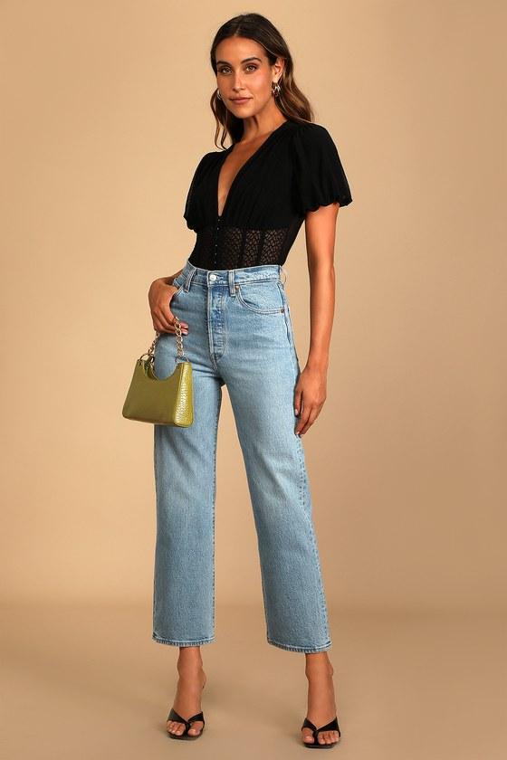 Properly Trendy Black Mesh Puff Sleeve Bodysuit Product Image