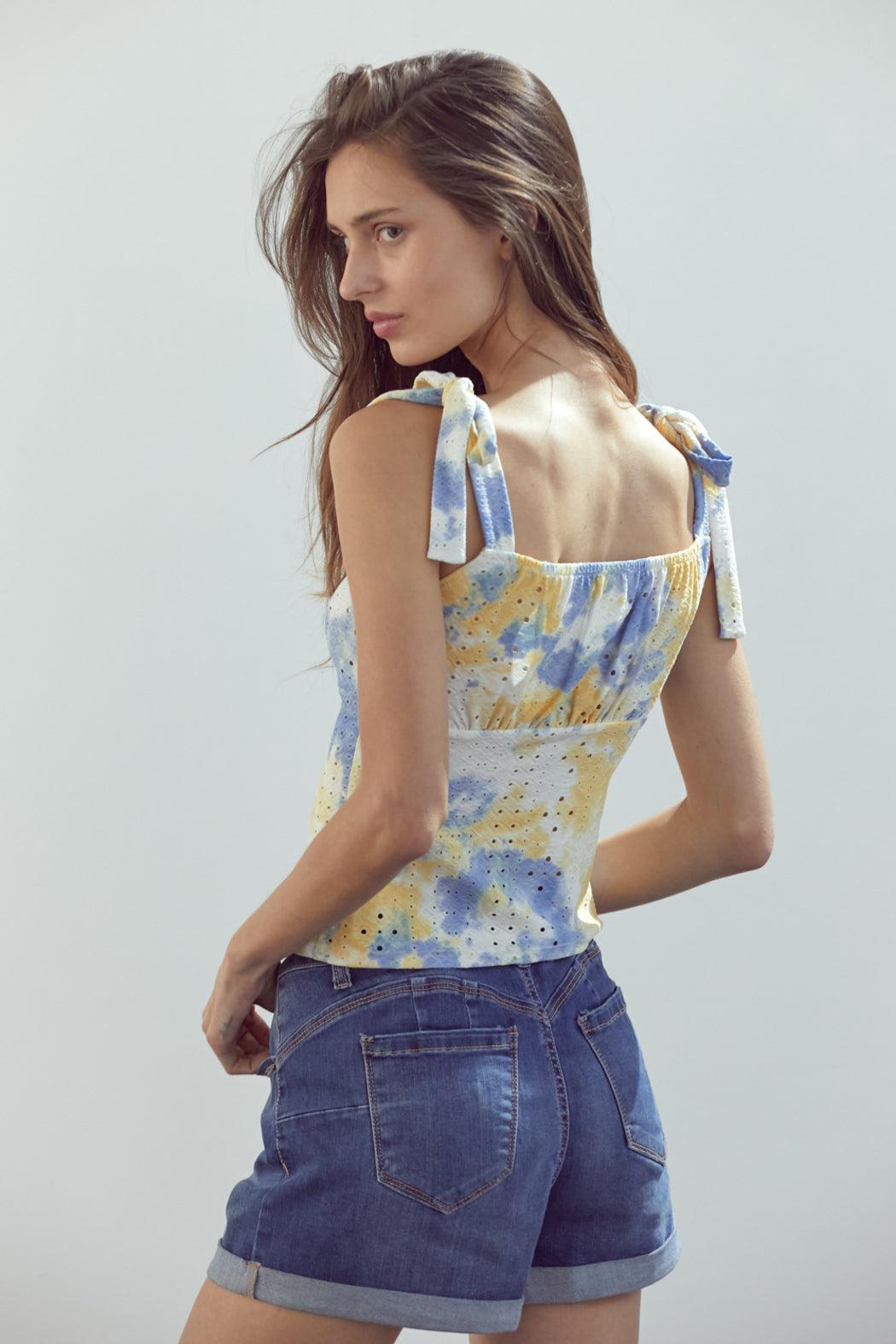 Tie Shoulder Bustier Style Cami Top Tie Dye Eyelet Product Image