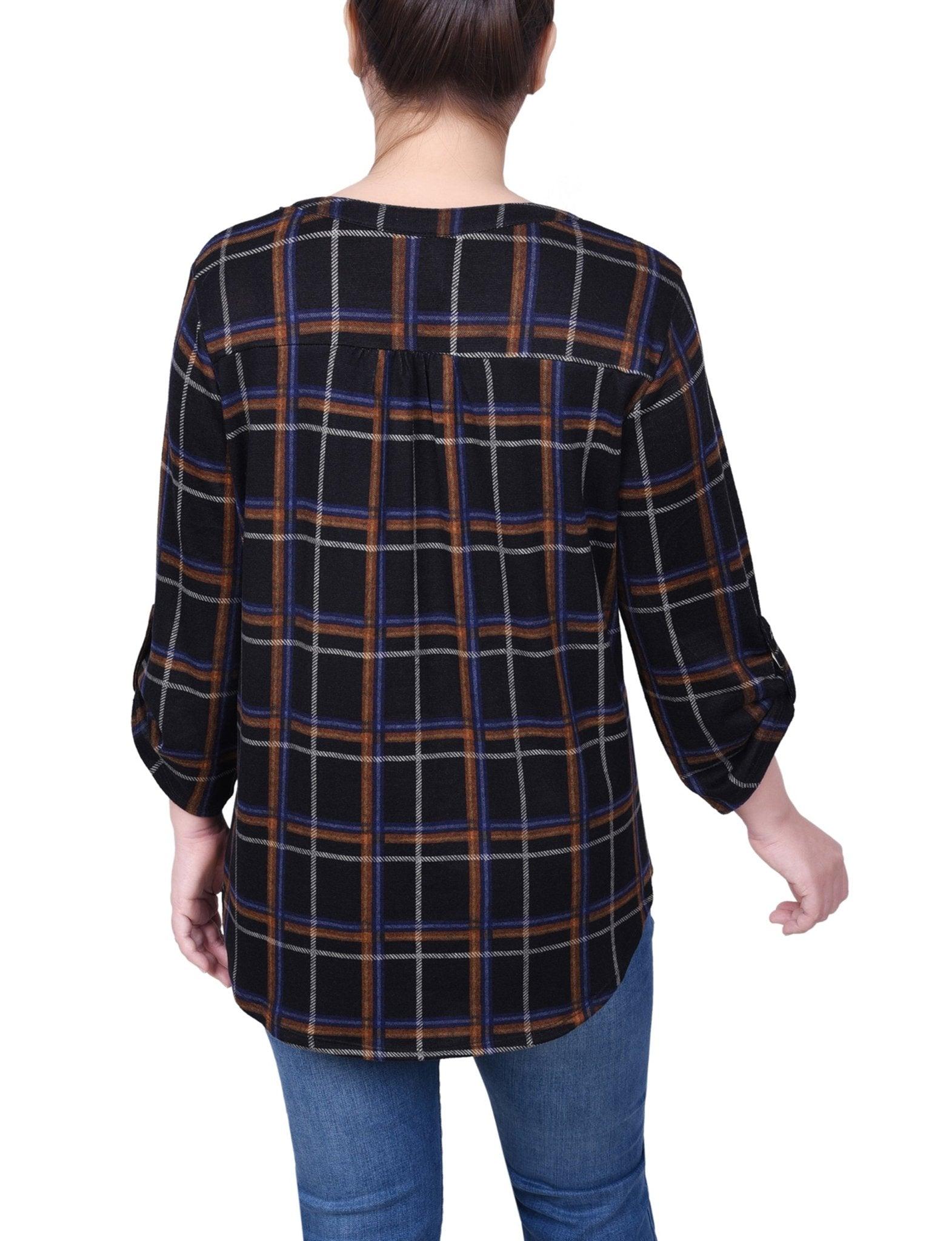 Black Ivory Plaid 3/4 Length Pearl Detail Dress Product Image