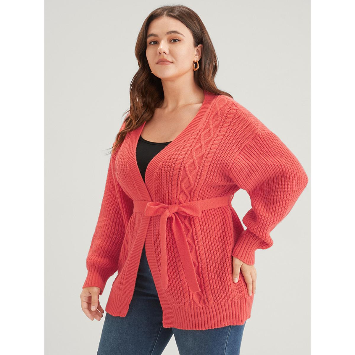 Plus Size Plain Pointelle Knit Geometric Eyelet Belted Open Front Cardigan OrangeRed Women Elegant Loose Long Sleeve Dailywear Cardigans BloomChic 28/5X Product Image