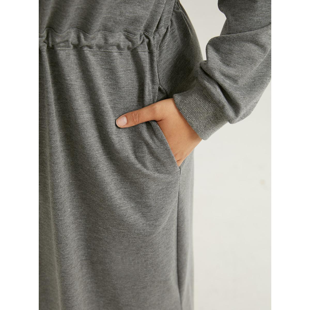 Plus Size Rib Knit Split Hem Drawstring Zipper Dress DimGray Women Casual Plain Lapel Collar Long Sleeve Curvy Midi Dress BloomChic 26/4X Product Image