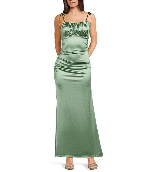 Honey and Rosie Scoop Neck Spaghetti Tie Strap Low-Back Gown Product Image