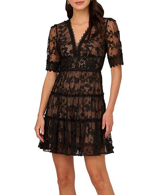 Adrianna Papell Floral Lace Embroidery V-Neck Short Sleeve Tiered Mini A-Line Dress Product Image