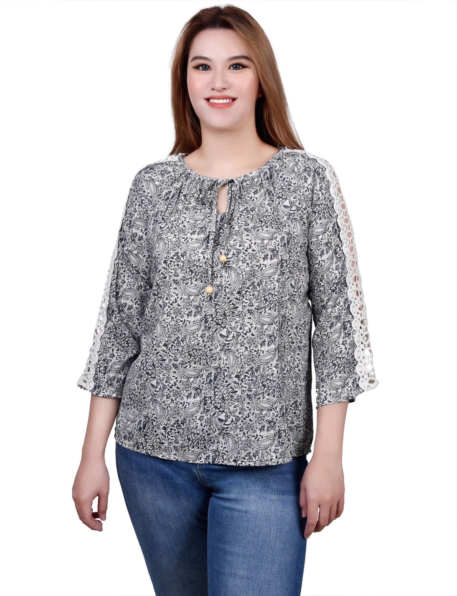 3/4 Length Sleeve Crochet Detail Blouse Product Image