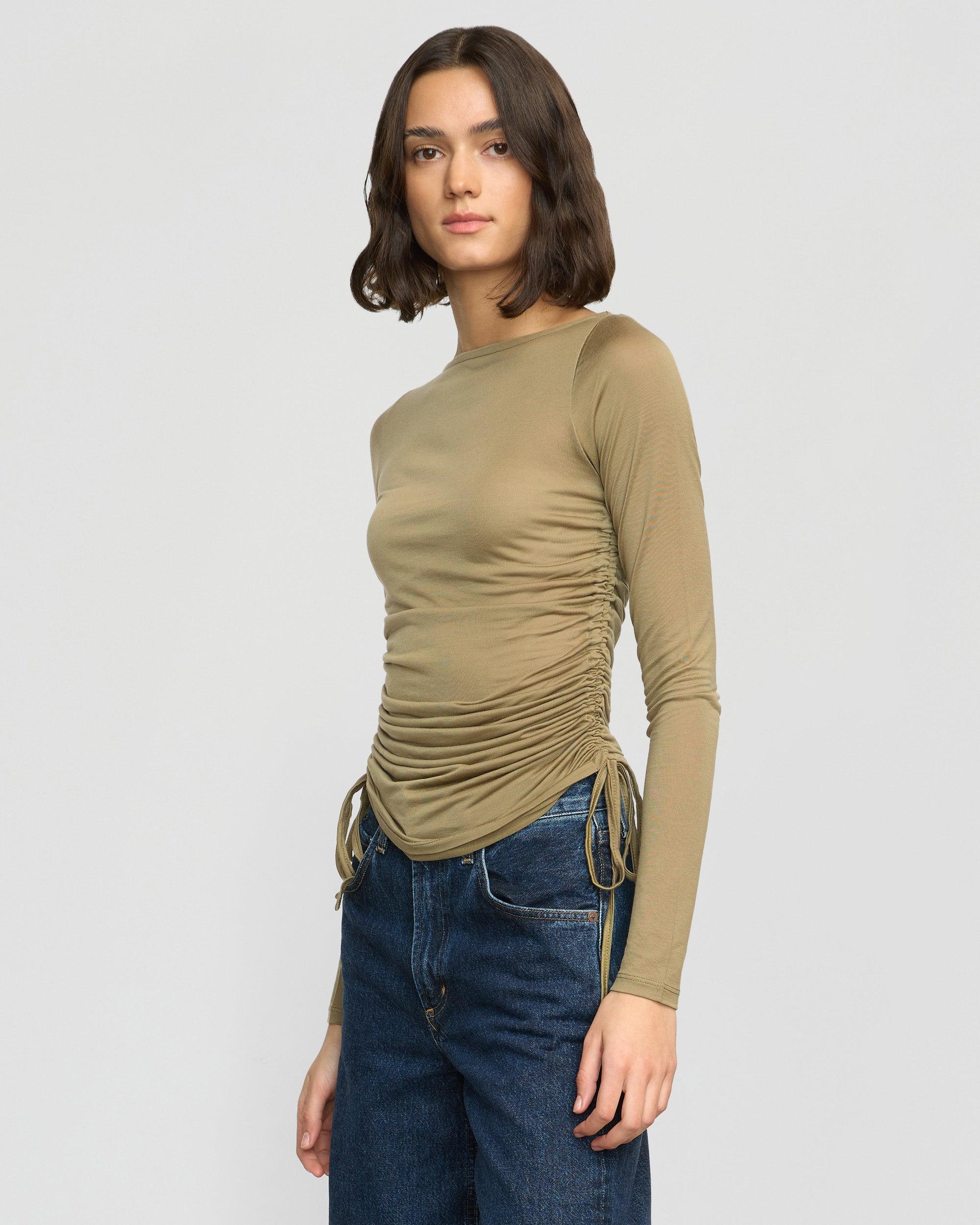 Joan Tencel Ruched-Side Semi-Sheer Tee Product Image