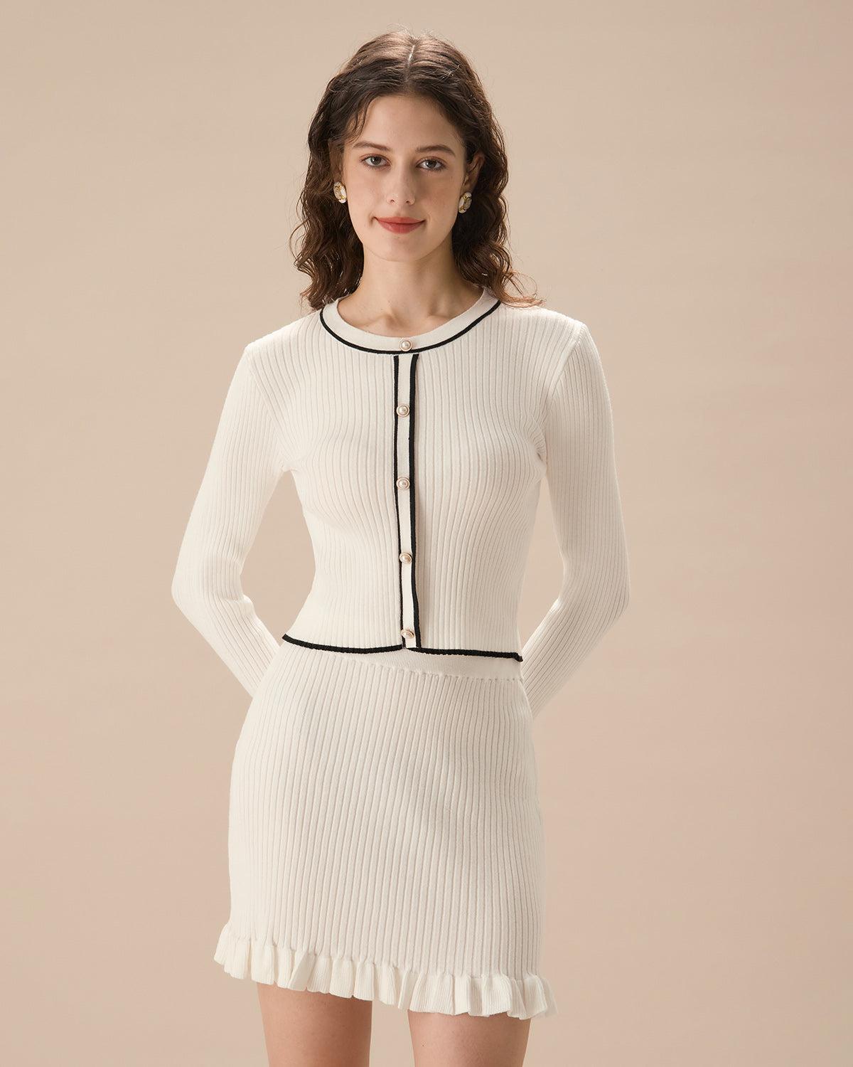 Women's White Ruffle Straight Knit Mini Skirt Female Product Image