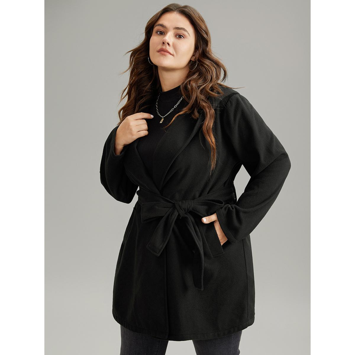 Plus Size Plain Belted Hooded Tunic Pocket Coat Women Black Casual Plain Ladies Dailywear Winter Coats BloomChic 18-20/2X Product Image