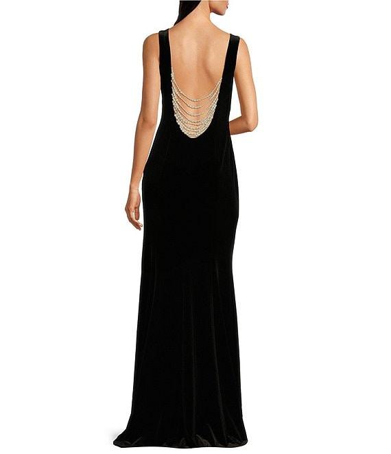 Muse by Marchesa Odessa Velvet Open Jeweled Back Boat Neck Sleeveless Bodycon Flounce Full Length Small Scale Train Gown Product Image