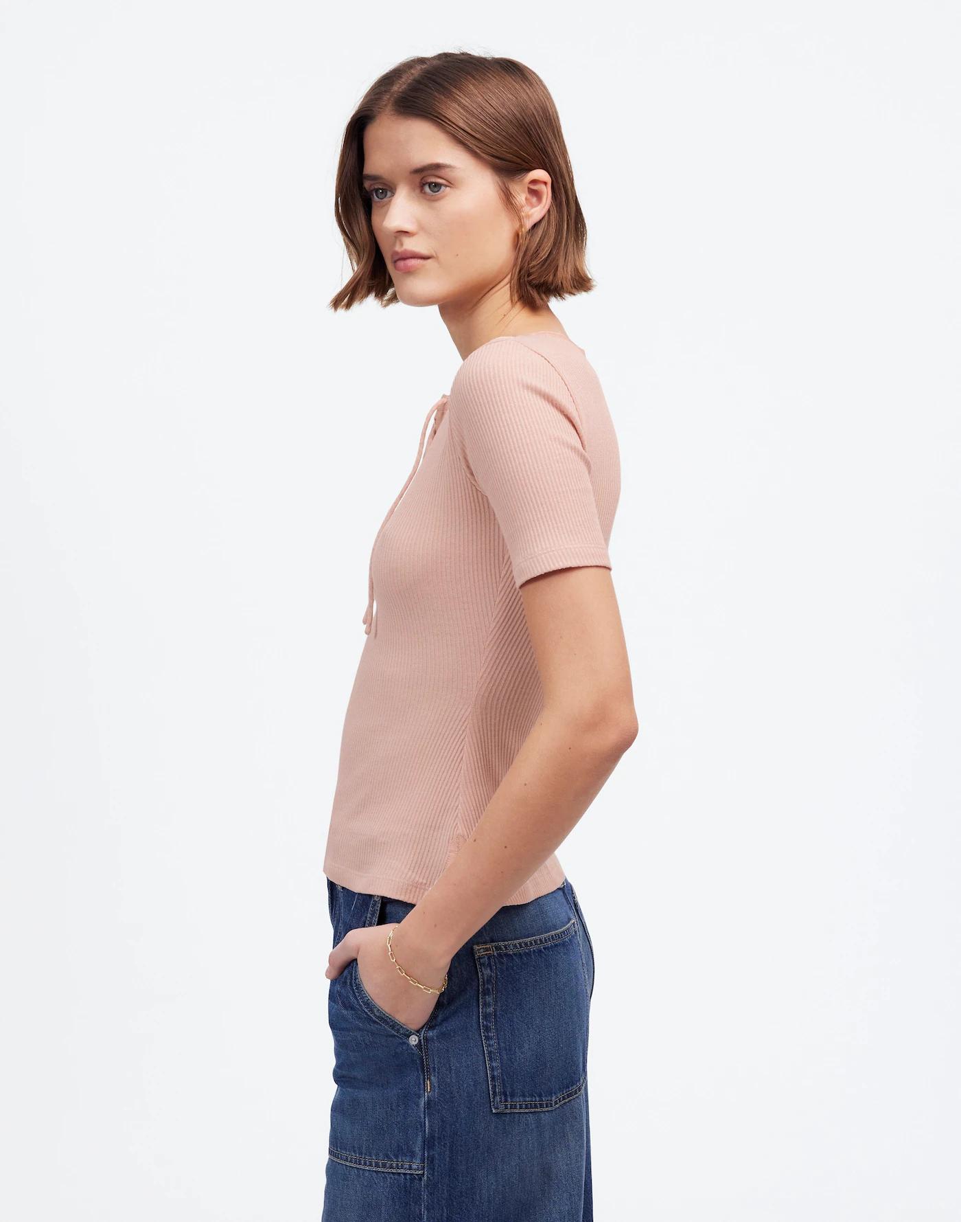 Ribbed Lace-Up Short-Sleeve Tee Product Image