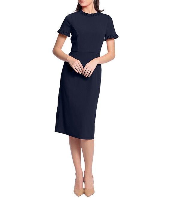 Maggy London Ruffle Mock Neck Short Sleeve Stretch Crepe Midi Pencil Sheath Dress Product Image
