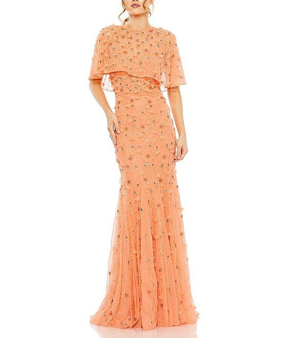 Mac Duggal Beaded Floral Illusion Short Cape Sleeve Sheath Gown Product Image