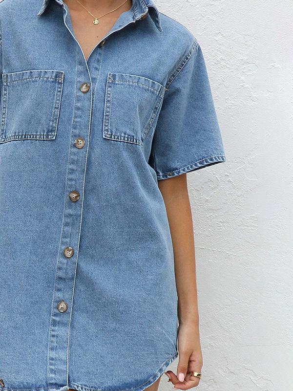 Loose Short Sleeves Split-Joint Lapel Mini Dresses Shirt Dress Product Image