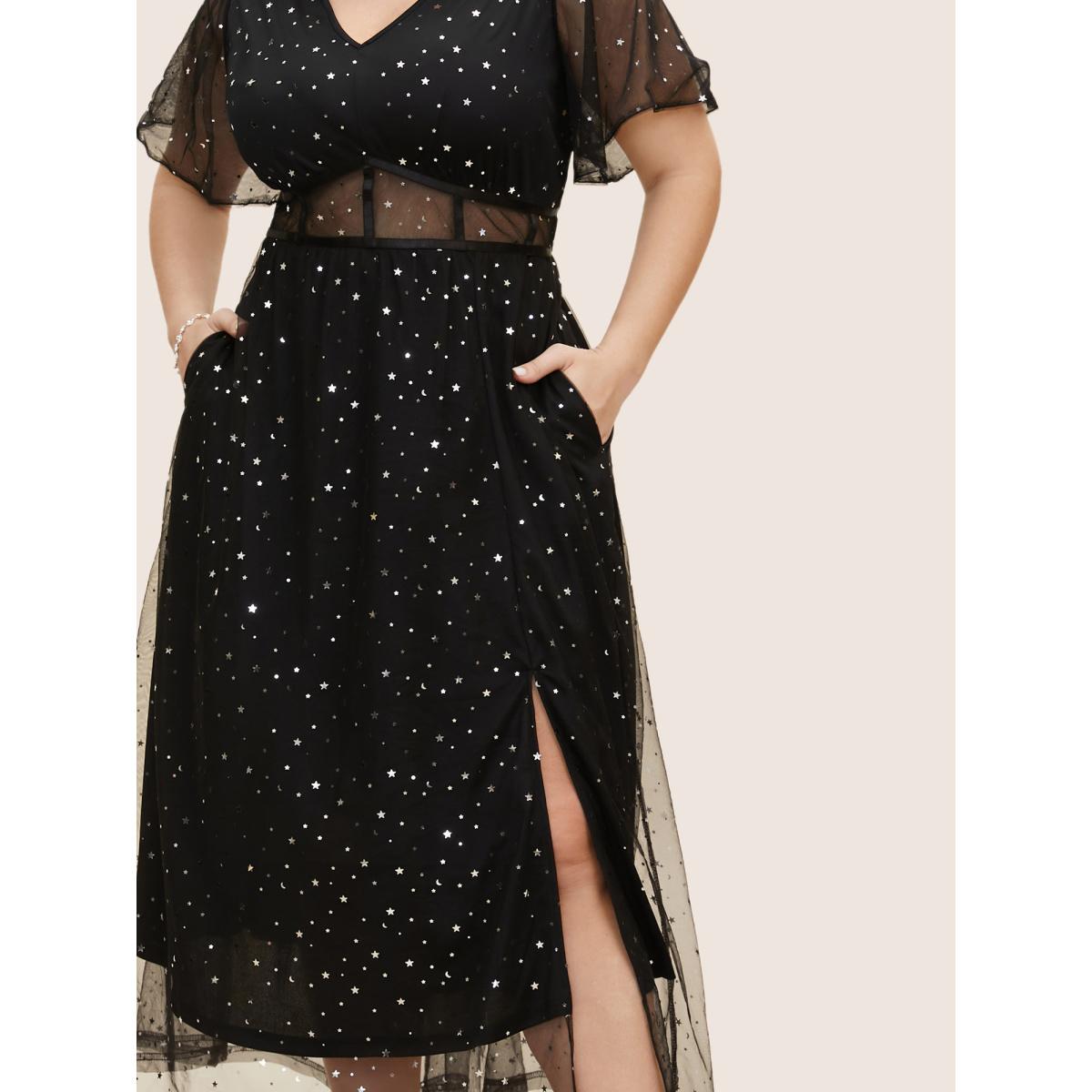 Plus Size Glitter Star Mesh Patchwork Split Hem Dress Black Women Cocktail See through V-neck Short sleeve Curvy BloomChic 12/L Product Image