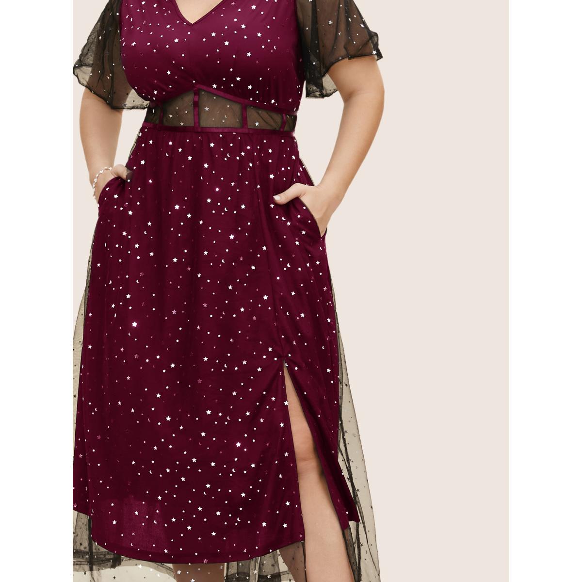 Plus Size Glitter Star Mesh Patchwork Split Hem Dress Burgundy Women Cocktail See through V-neck Short sleeve Curvy BloomChic 30/6X Product Image