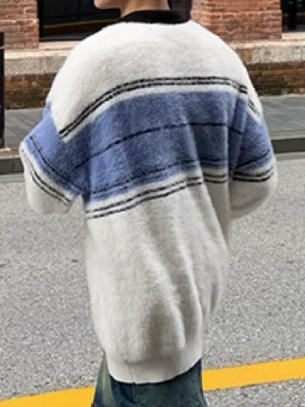 Men's Contrast Striped Lapel Neck Half Zip Sweater Product Image