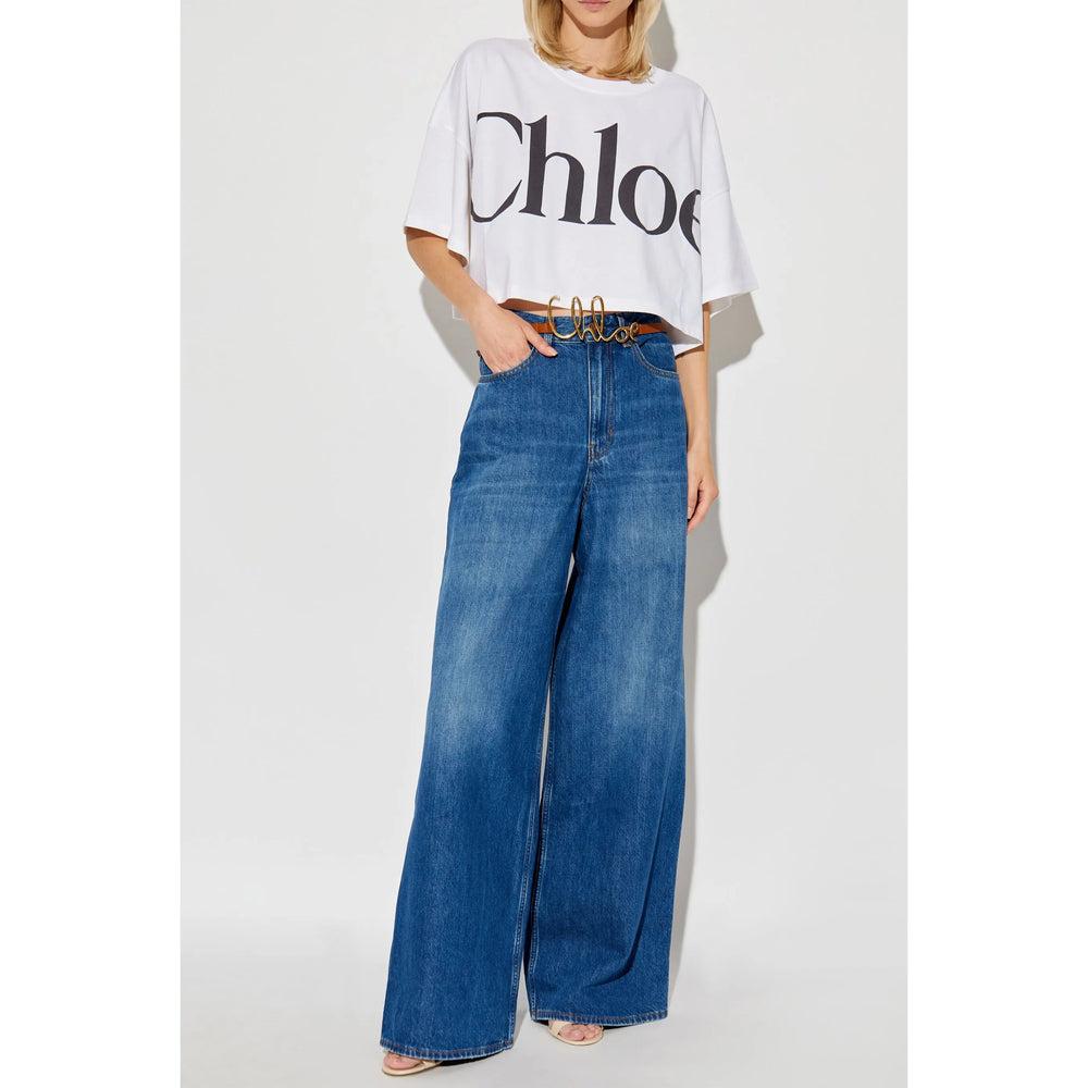 CHLOÉ White Cropped Crewneck T-shirt With Maxi Logo Print On The Front In Cotton Woman In Multicolor Product Image