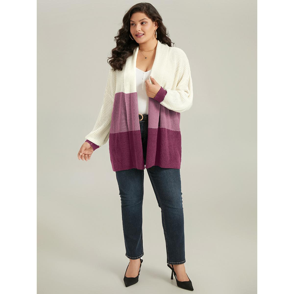 Plus Size Colorblock Lapel Collar Lantern Sleeve Contrast Cardigan RedViolet Women Casual Loose Long Sleeve Dailywear Cardigans BloomChic 14-16/1X Product Image