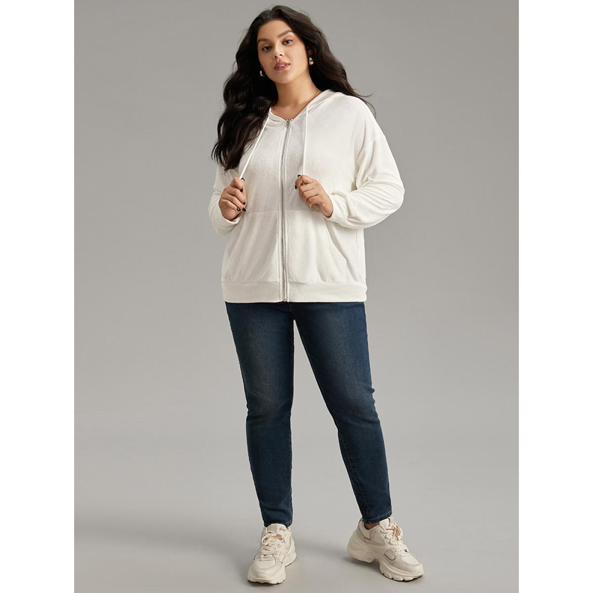 Plus Size Supersoft Essentials Solid Zipper Hooded Sweatshirt Women White Casual Elastic cuffs Hooded Dailywear Sweatshirts BloomChic 30/6X Product Image