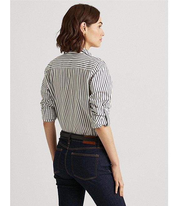 Lauren Ralph Lauren Long Roll-Tab Sleeve Striped Button Front Cotton Shirt Product Image
