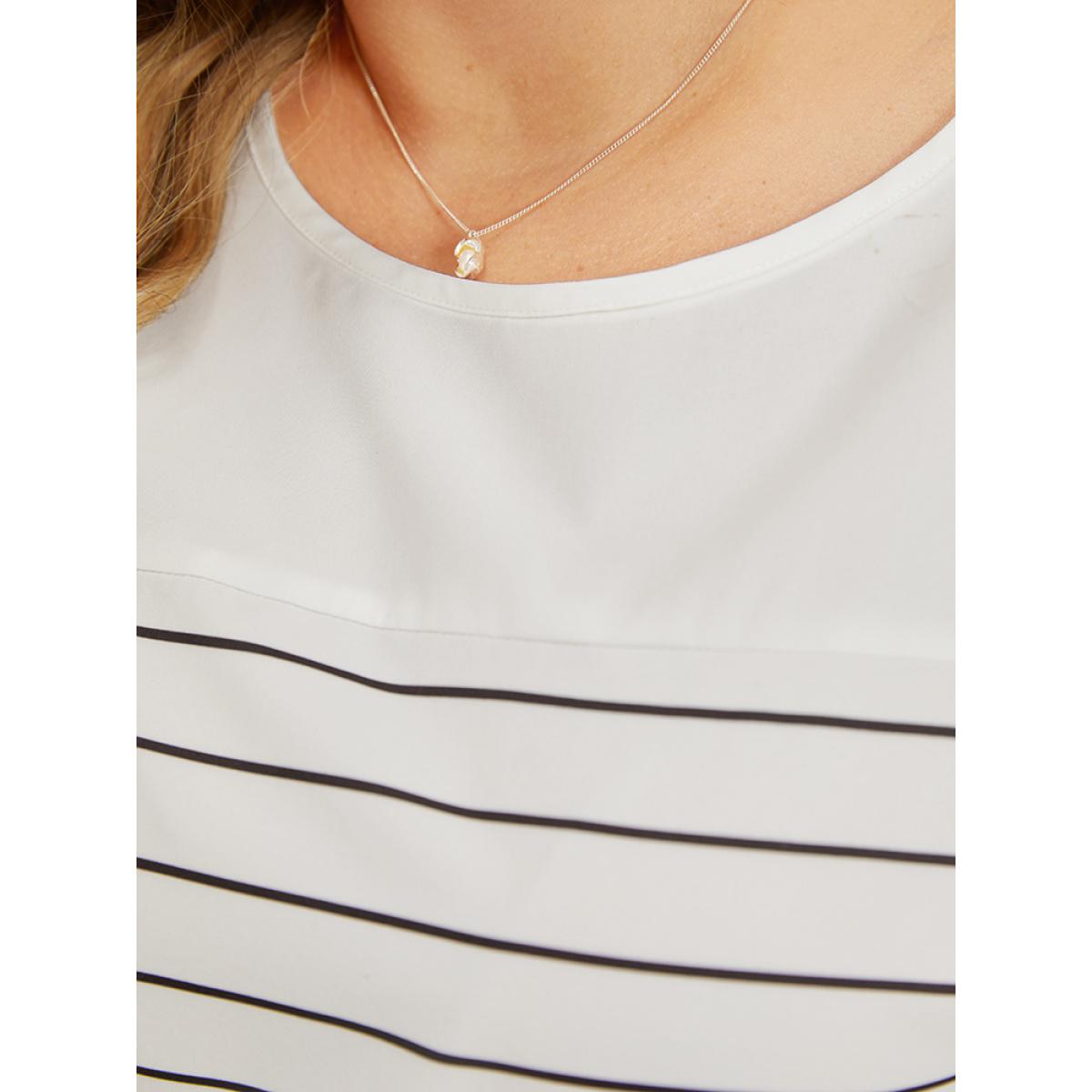 Plus Size White Striped Patchwork Roll Batwing Sleeve Blouse Women Office Short sleeve Round Neck Work Blouses BloomChic 22-24/3X Product Image