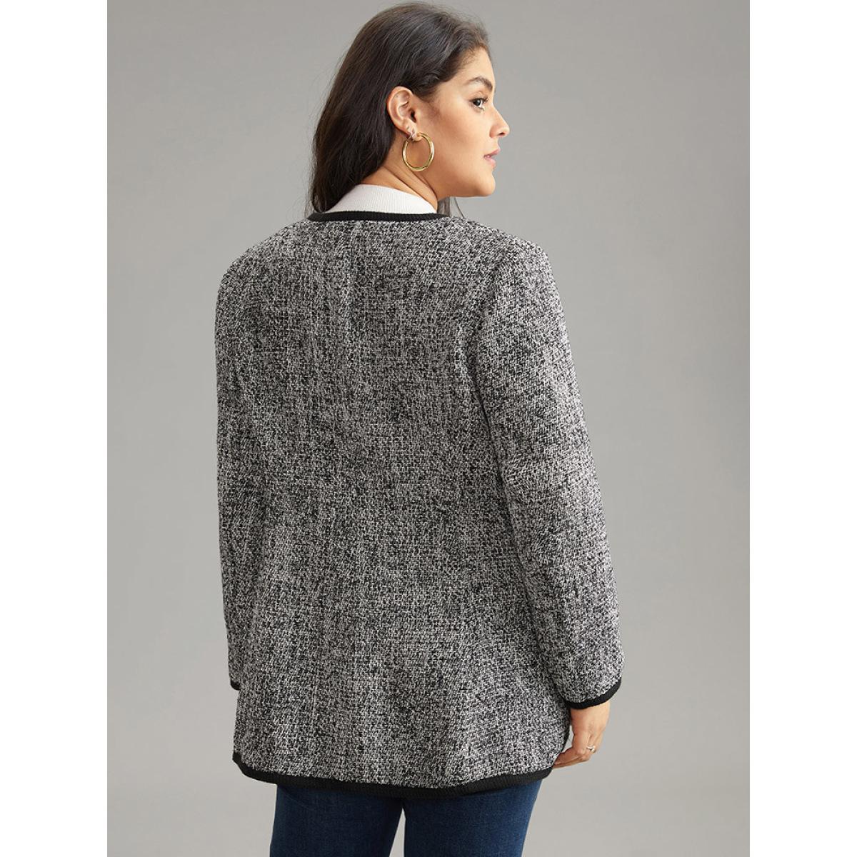 Plus Size Tweed Flap Pocket Open Front Contrast Trim Blazer Black Women Dailywear Plain Texture Sleeve Long Sleeve Open Front 12/L Pocket Casual Blazers BloomChic Product Image