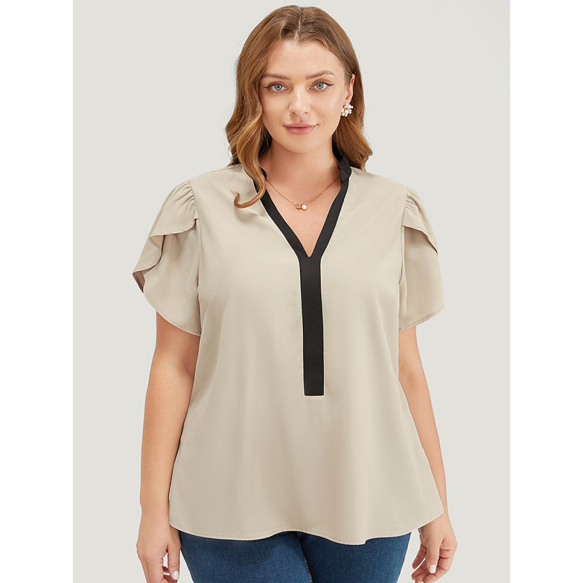 Plus Size Champagne Plain Contrast Trim Split Petal Sleeve Blouse Women Office Short sleeve Stand-up collar Dailywear Blouses BloomChic 10/M Product Image