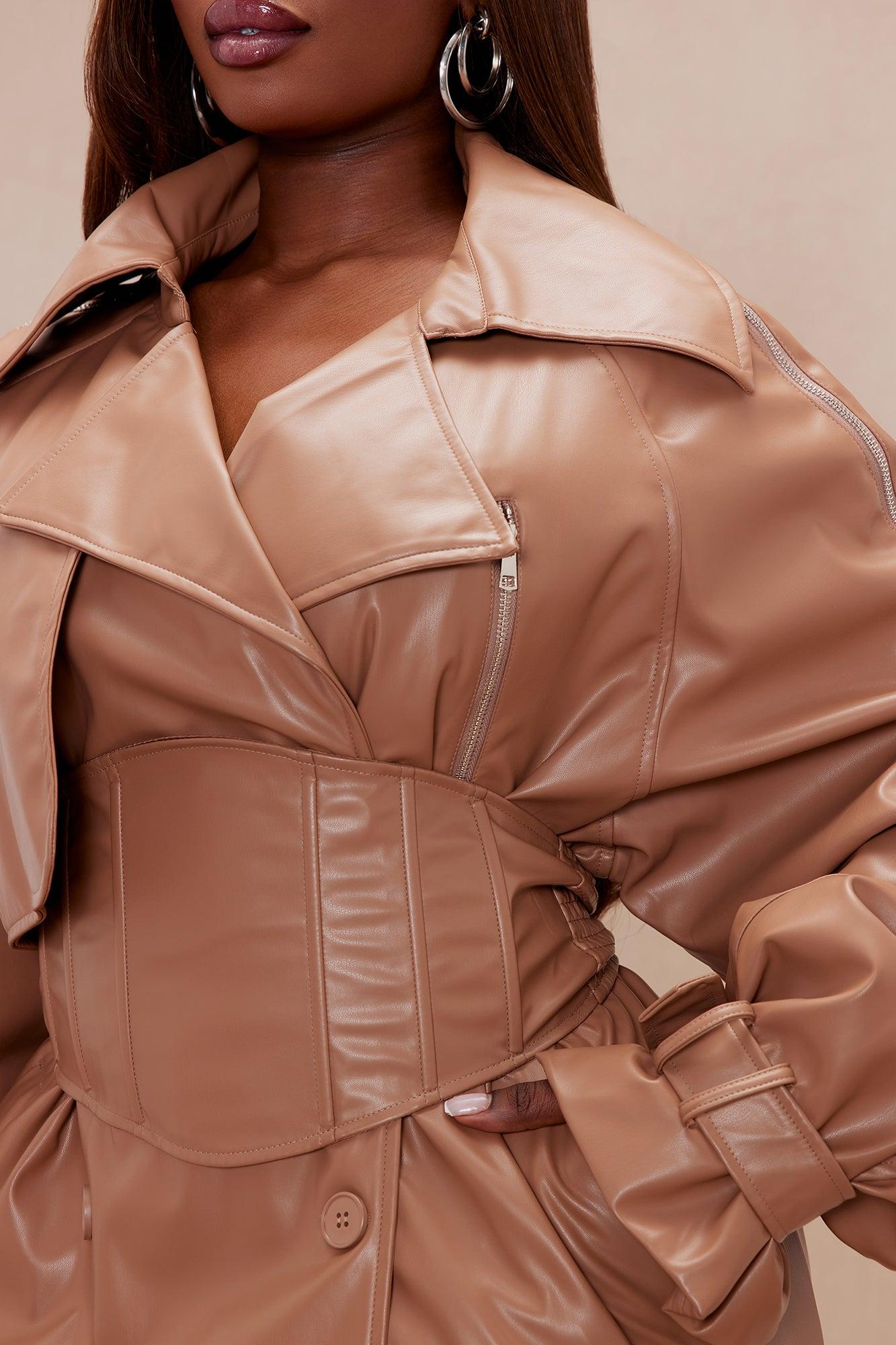 Kendra Faux Leather Trench Coat - Camel Product Image