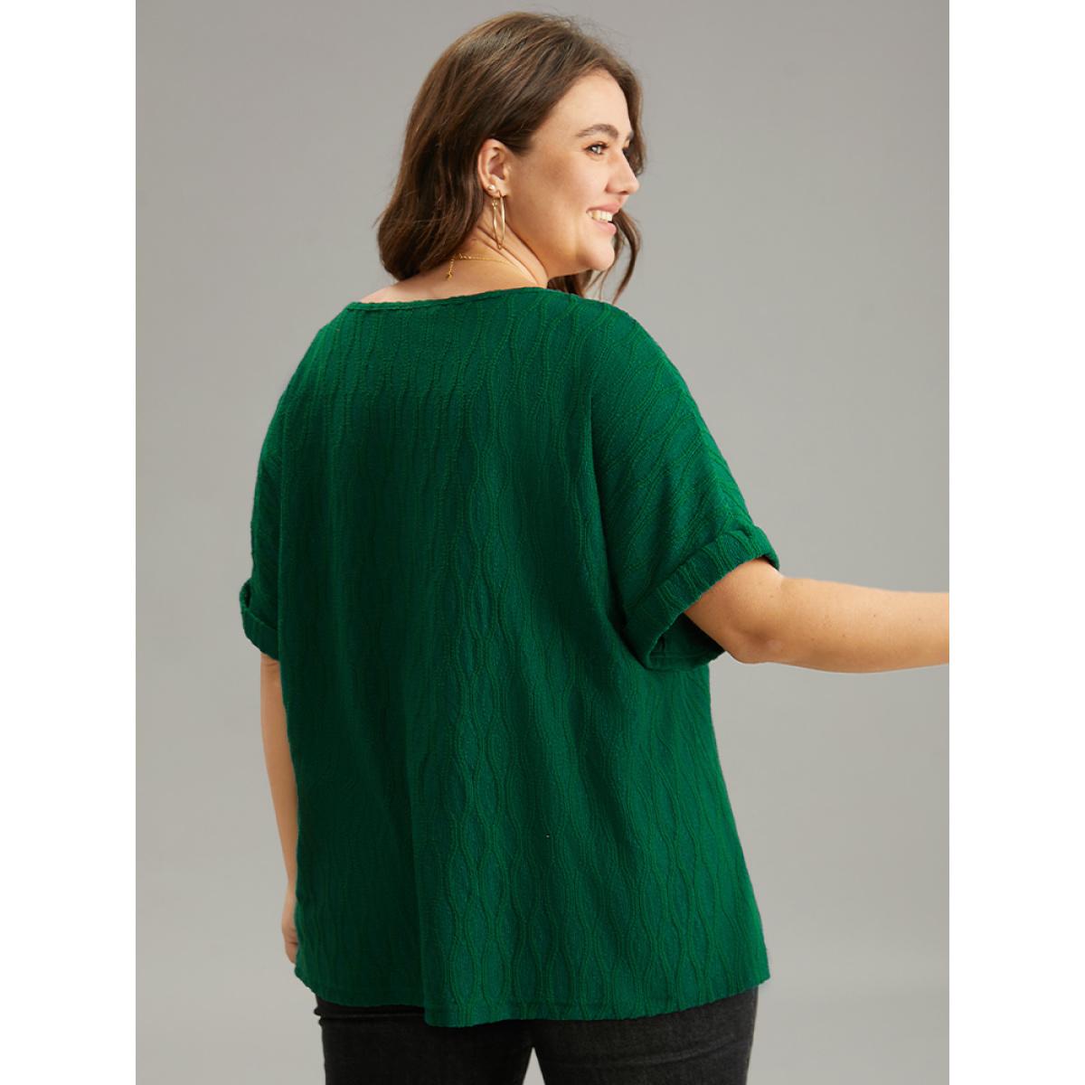 Plus Size Plain Texture V Neck Roll Dolman Sleeve T-shirt DarkGreen Women Casual Texture Plain V-neck Dailywear T-shirts BloomChic 28/5X Product Image