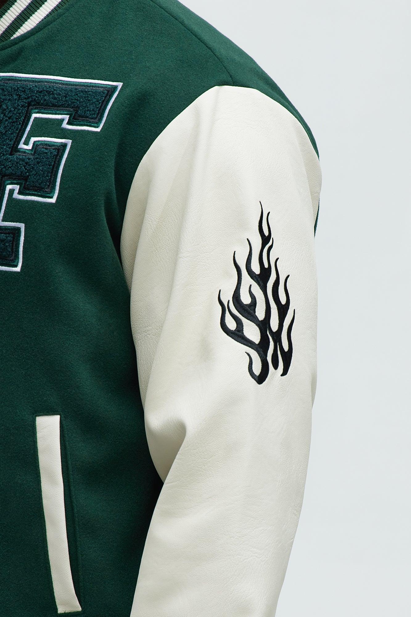 Biker Faux Leather Varsity Jacket - Green/combo Product Image