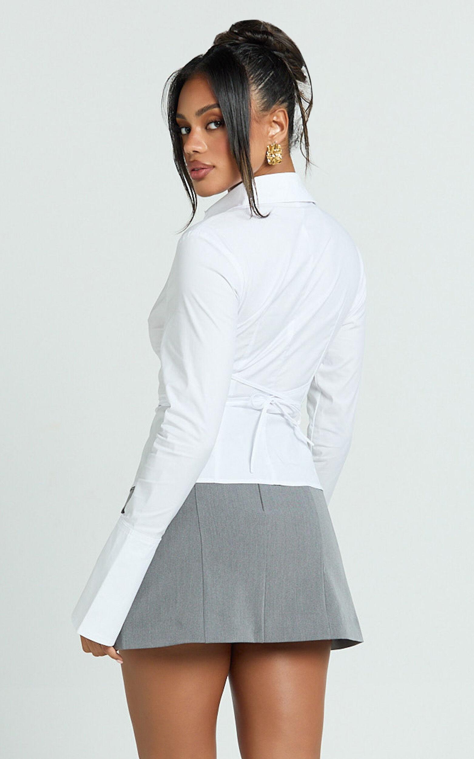 Katherine Top - Collared Plunge Flared Sleeve Top in White Product Image