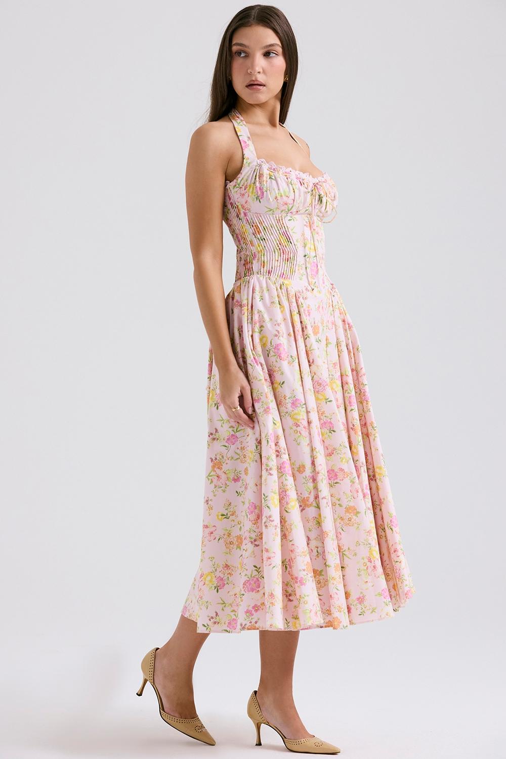 Adabella  pink meadow print cotton halter midi sundress Product Image