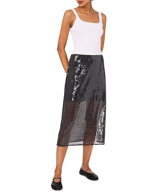 1. STATE Sequin Mesh Sheer Illusion High Rise Slip Midi Skirt Product Image