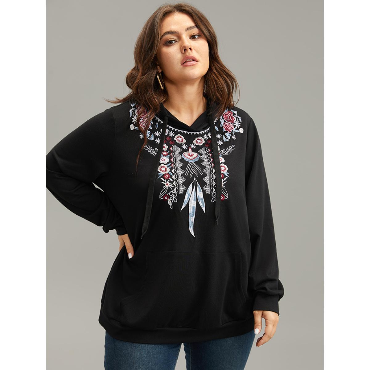 Plus Size Boho Embroidered Pocket Hooded Drawstring Sweatshirt Women Black Casual Embroidered Hooded Dailywear Sweatshirts BloomChic 14-16/1X Product Image